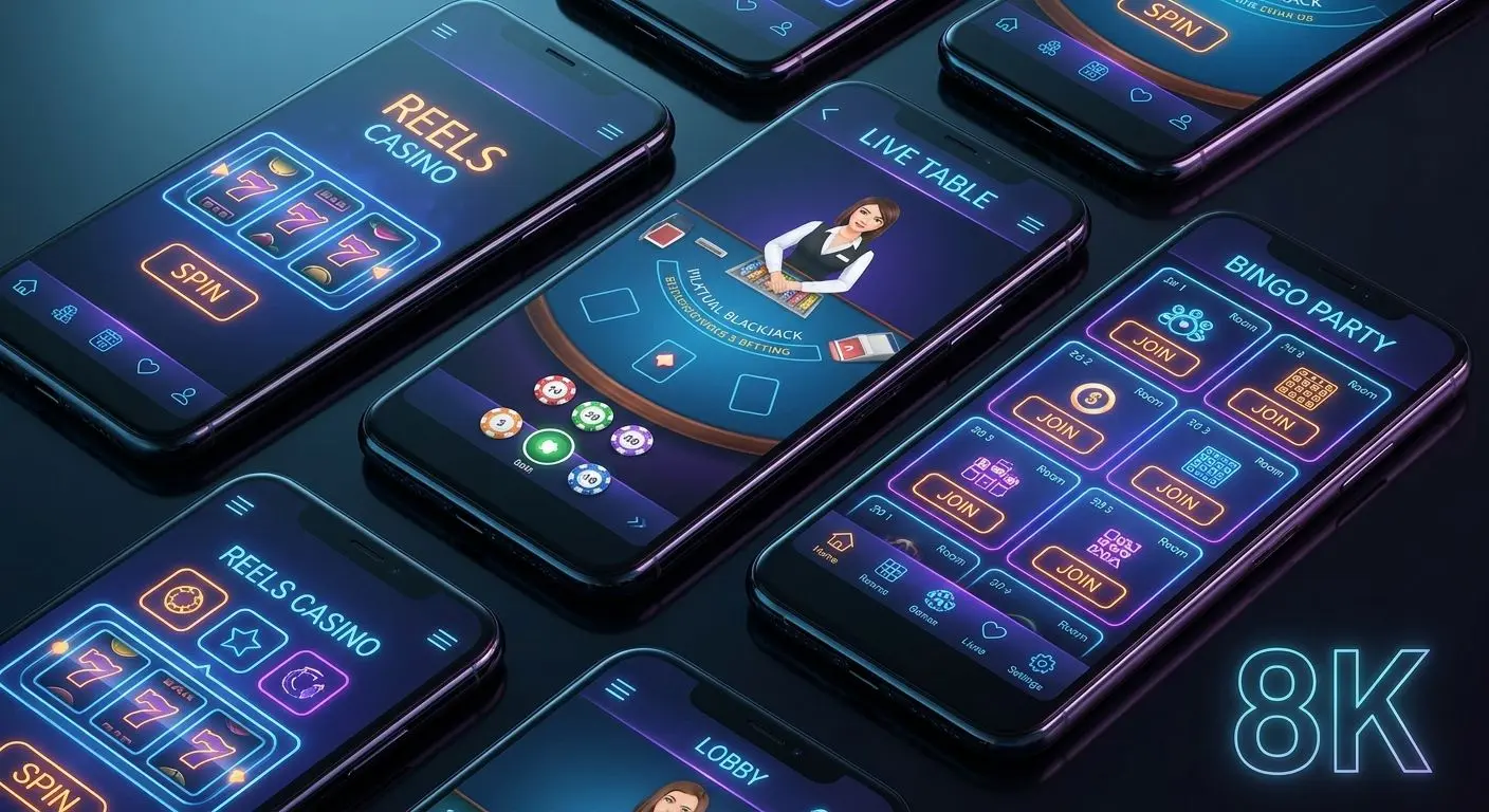 PlayOJO mobile games collage Mobile gaming categories shown on smartphone screens