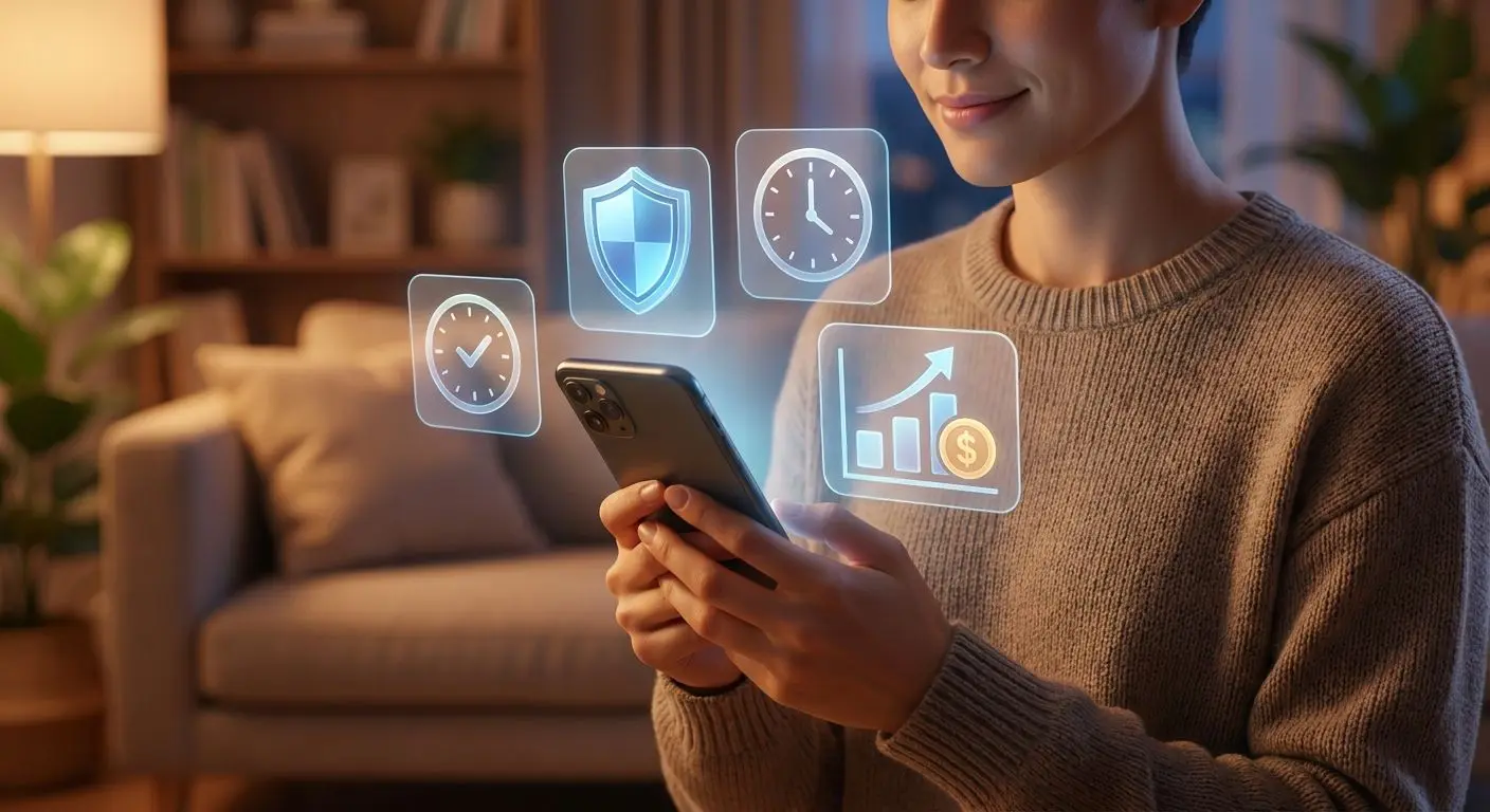 Safe and responsible mobile play illustration Mobile player using safety and control tools on a phone